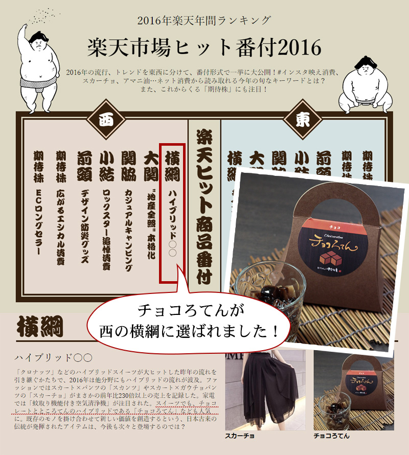 楽天市場ヒット番付2016ランキング チョコろてんが西の横綱に選ばれました!