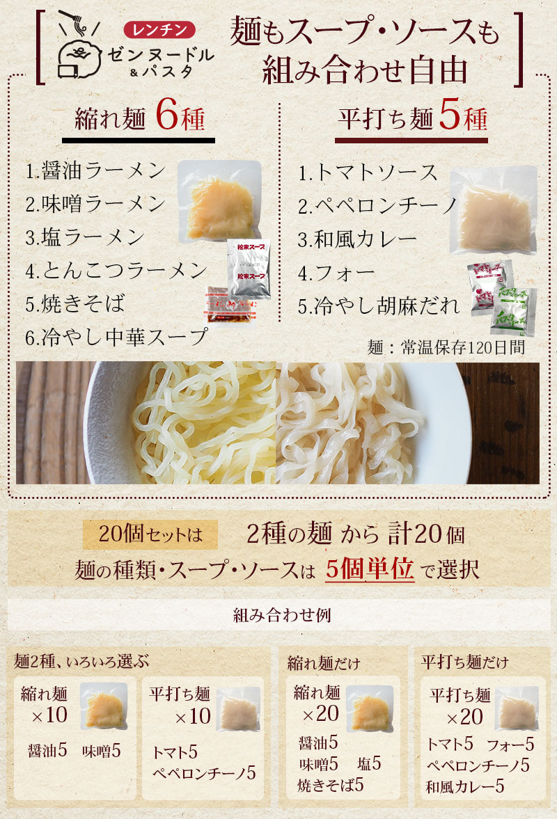 選べる20個セット 麺もスープも選べますセット　生タイプこんにゃく麺　縮れ麺3種（醤油ラーメン、味噌ラーメン、塩ラーメン）、平打ち麺2種（トマトソース、ぺペロンチーノ）です