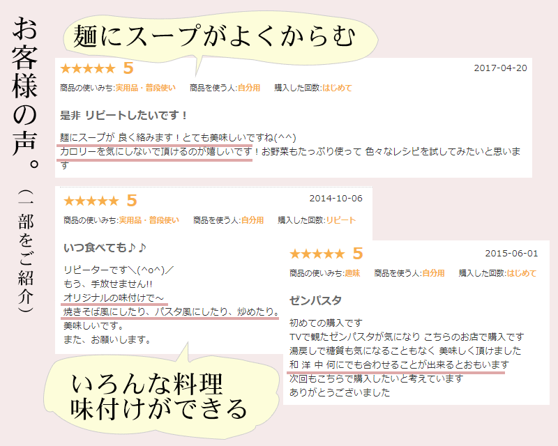 お客様の声。 ゼンヌードル食べておいしい
